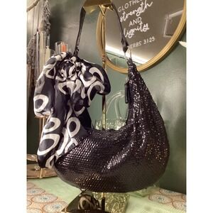 Giannini Black Sequin Hobo Shoulder Bag‎ with Scarf Accent Faux Leather Strap